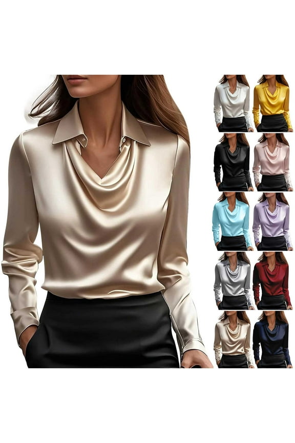 Women's Elegant Satin Silk Blouse Solid Color Cowl Neck Ruched Front Draped Casual Long Sleeve Work Office Shirt Top Gold XL