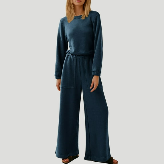 Rciityk Women's Fall Long Sleeve Jumpsuits Casual Loose Crew Neck Elastic Waist Wide Leg Long Pants Rompers with Pocket