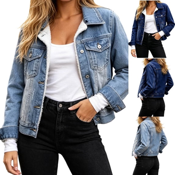 Rciityk Women's Fleece Lined Denim Jacket Classic Lapel Collar Buttons Closure Jean Coat with Pockets Windproof Warm Winter Jacket for Cold Weather