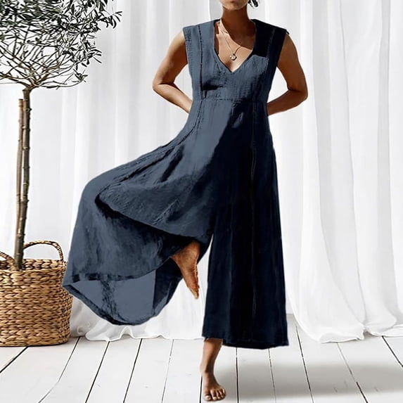 Rciityk Women's Jumpsuits for Summer Casual Loose Sleeveless Rompers Plus Size Solid Color Jumpsuit with Pockets Beach Vacation Outfits Navy XXXL