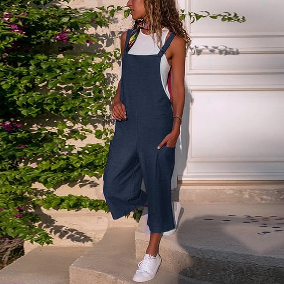 Rciityk Women's Jumpsuits for Summer Casual Loose Sleeveless Rompers Plus Size Solid Color Jumpsuit with Pockets Beach Vacation Outfits
