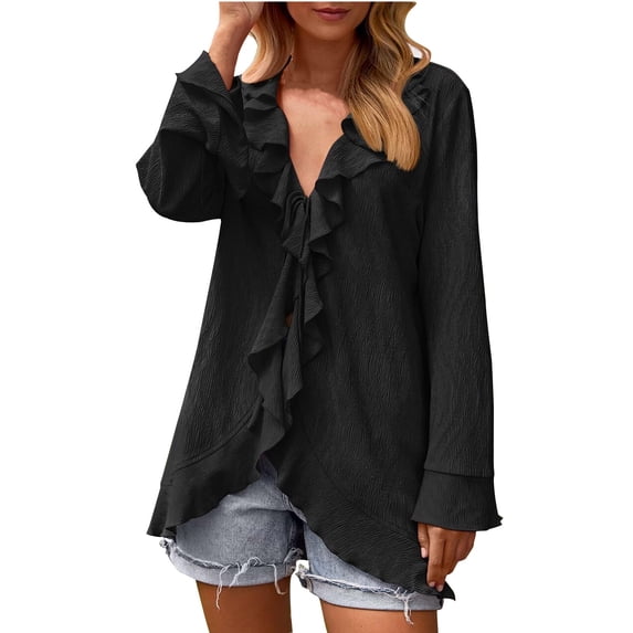Rciityk Women's Long Sleeve Cardigan Casual Ruffle V-neck Tie Solid Cardigan Fall Lightweight Open Front Cardigan