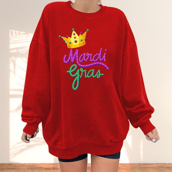 Rciityk Women's Long Sleeve Drop Shoulder Sweatshirts Crew Neck Mardi Gras Print Pullover Top Fall Casual Loose Comfy Blouse - Fall Savings Clearance