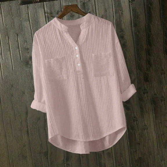 Rciityk Women's Long Sleeve Pullover Tops Fall Casual Button V Neck Shirts Solid Loose Blouses with Pocket