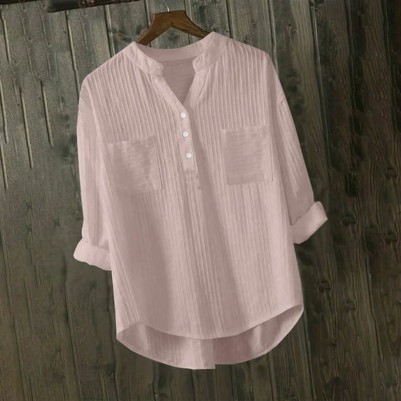 Rciityk Women's Long Sleeve Pullover Tops Fall Casual Button V Neck Shirts Solid Loose Blouses with Pocket