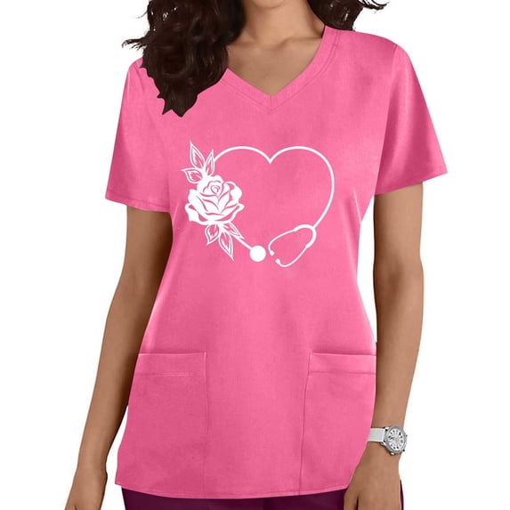 Rciityk Women's Medicals Scrub Regular Nursing Uniform Tops V-Neck Print Short Sleeve Tops Summer Short Sleeve Scrub Workwear with Pockets - Spring/Summer Savings Clearance