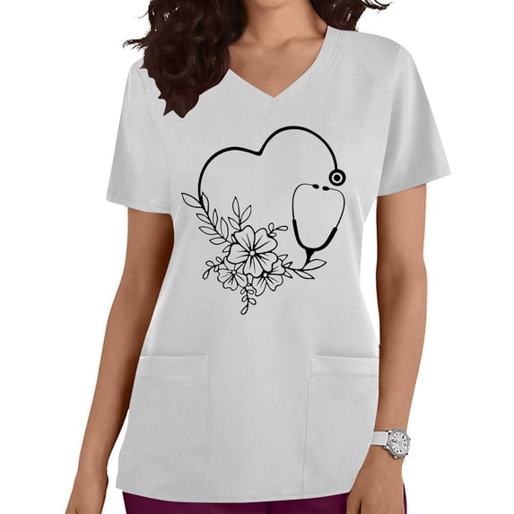 Rciityk Women's Medicals Scrub Regular Nursing Uniform Tops V-Neck Print Short Sleeve Tops Summer Short Sleeve Scrub Workwear with Pockets