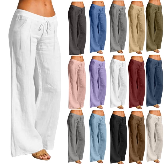 Rciityk Women's Pleated Cotton Linen Wide Leg Pants, High Waist Drawstring, Full Length, Pocket - Summer Beach Vacation Clothes