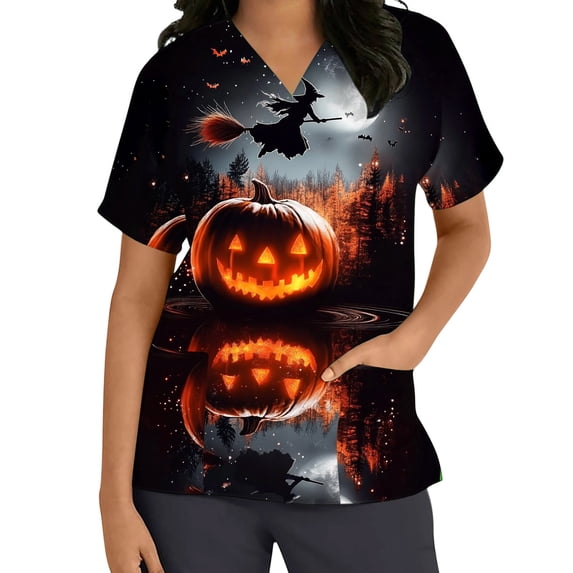 Rciityk Women's Plus‑Size V‑Neck Scrub Top Halloween Printed Short ...