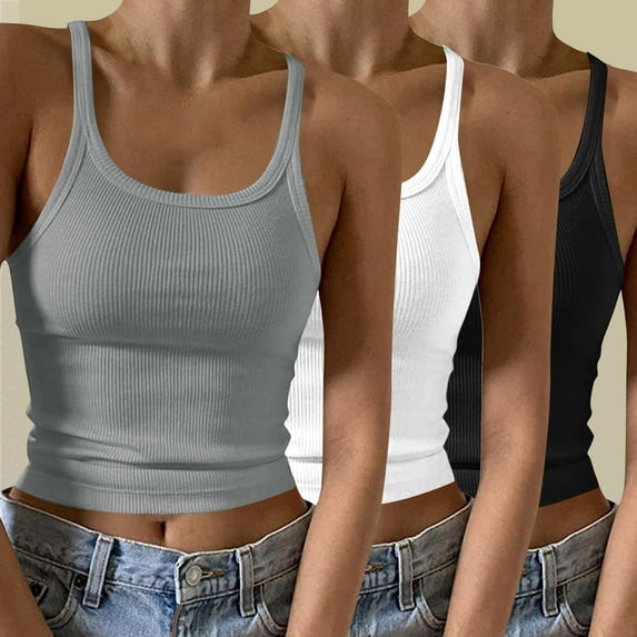 Rciityk Women's Scoop Neck Ribbed Tank Tops 3pc Suspender Workout Summer Casual Fitted Cami Shirt - Summer Savings Clearance