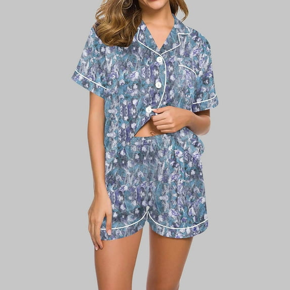 Rciityk Women's Short Sleeve Pajama Set Summer Casual Button Lapel Shirt Top and Shorts 2 Piece Nightwear Loungewear