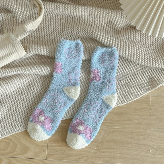 Rciityk Women's Slipper Fuzzy Socks Winter Warm Plush Cozy Floor Socks Cute Flower Print Mid Length Crew Sock Christmas Gifts