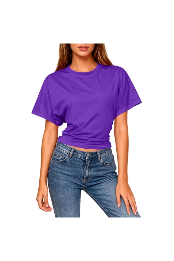 Women's T-Shirt Casual Round Neck Short Sleeve Tops Solid Color Tapered Waist Crop Tee Blouses Summer Spring OutFits