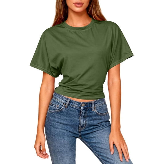 Rciityk Women's T-Shirt Casual Round Neck Short Sleeve Tops Solid Color Tapered Waist Crop Tee Blouses Summer Spring OutFits