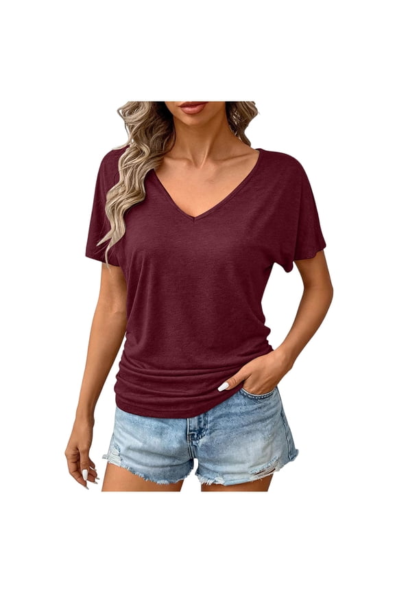 Women's T-Shirt Casual V Neck Short Sleeve Shirts Solid Color Side Pleats Pullover Tee Blouse Summer Tops