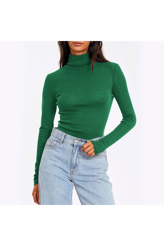 Women's Turtleneck Tops Slim Fit Long Sleeve Basic Tees Solid Color High Neck Office Blouses - Fall Winter Layering