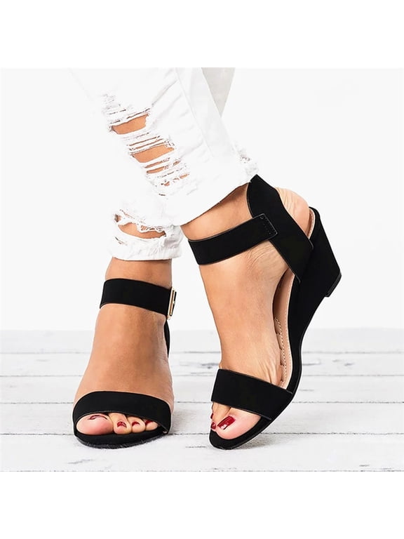 Women's Wedge Sandals Solid Color Round Toe Wedge Heel Buckle Suede Low Top Sandals Shoes - Summer's Best Shoes