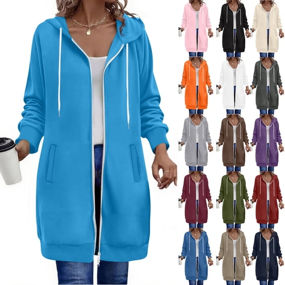 Rciityk Women's Zip Up Hoodie Casual Loose Solid Color Pocket Long Sleeved Double Zipper Hooded Sweatshirt Jacket