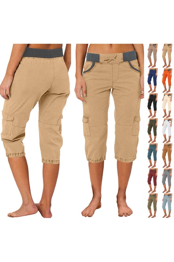 Womens Capris for Summer Casual Cargo Long Shorts with Pockets Solid Color Loose Fits Lightweight Drawstring High Waist Shorts