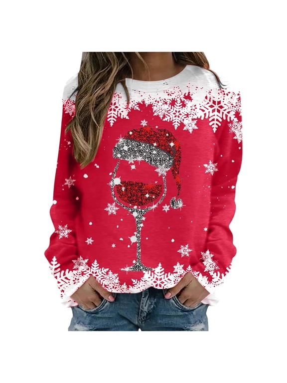 Womens Christmas Sweatshirt Winter Fashion Cute Wine Glass Santa Hat Print Crewneck Sweatshirt Casual Long Sleeve Pullover Sweater Tops Womens Gifts for Christmas