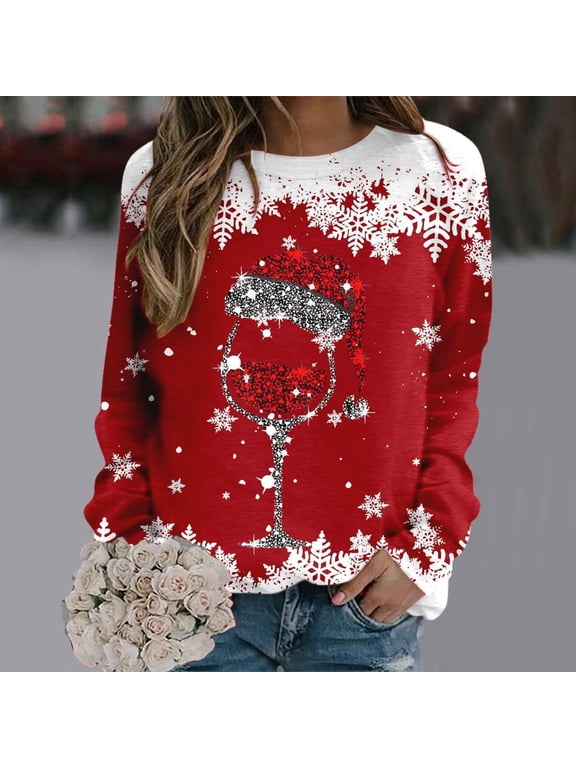 Womens Christmas Tops Casual Cute Wine Glass Santa Hat Printed Crewneck Pullover Sweaters Winter Long Sleeve Sweatshirt Christmas Gifts