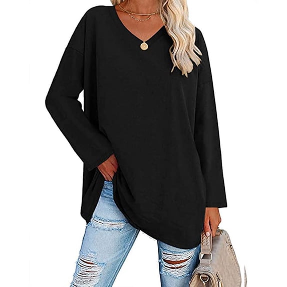 Rciityk Womens Fall Tops Fashion Long Sleeve Tunic Pullover Tops Casual V Neck Basic T-Shirts Blouse Fall Spring Tops Black S