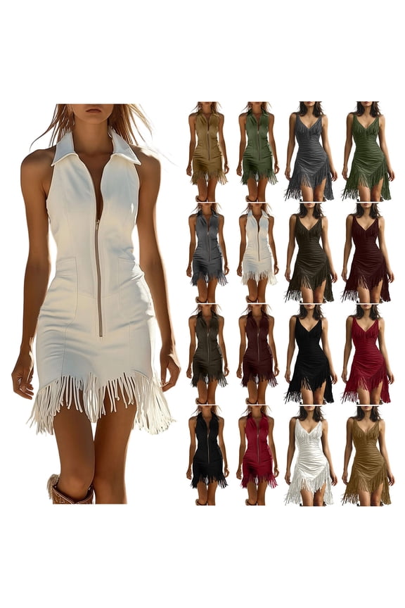 Womens Faux Suedes Dresses Vintage Lapel V Neck Zipper Front Fringe Dress Springs Summer Dress Tassel Western Dresses
