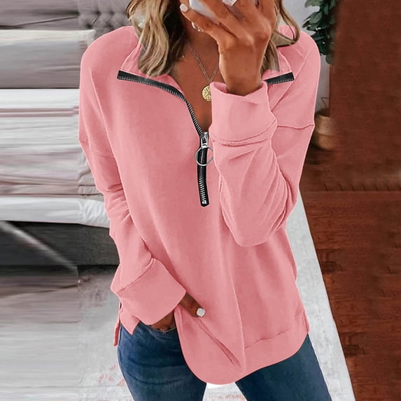 Rciityk Womens Lapel Zipper Sweatshirt Long Sleeve Pullover Tops Casual Loose Solid Color Comfortable Blouse