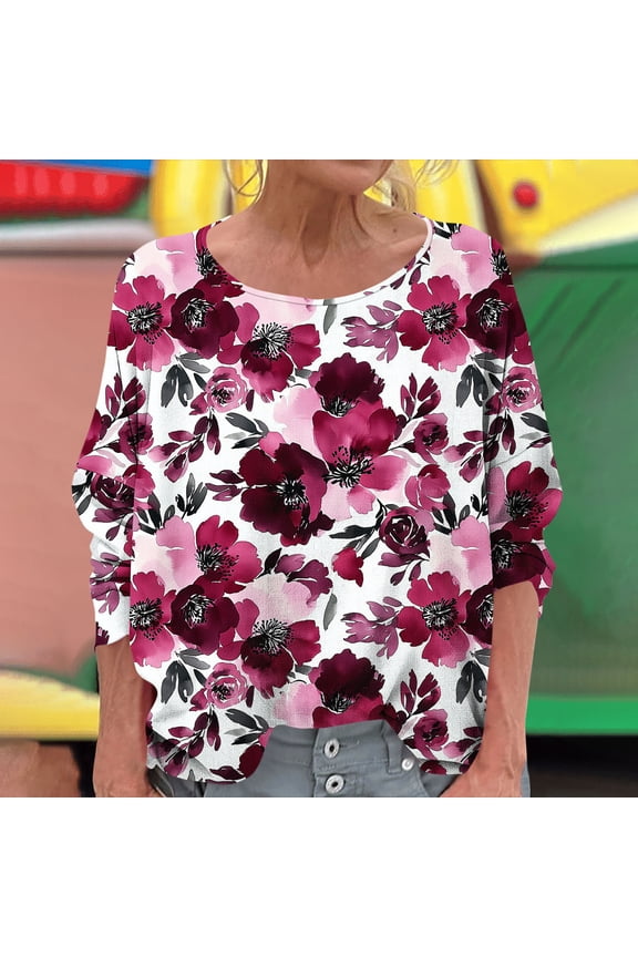 Womens Long Sleeve Shirts Basic Tee Fall Trendy Spring Tops Casual Floral Printed Crew Neck Workout T-shirts Blouses