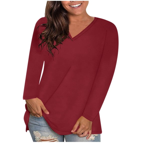 Rciityk Womens Long Sleeve T Shirts Casual Loose V Neck Pullover Plus Size Tops Trendy Solid Color Tunic Tops Spring Fall Fashion