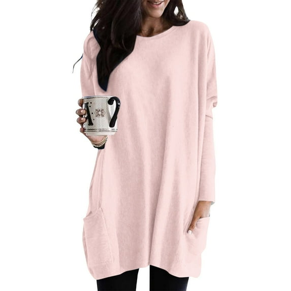 Rciityk Womens Long Sleeve Tops Fall Casual Loose Solid Color Crew Neck Pullover T Shirt Blouse with Pocket Womens Gifts for Christmas