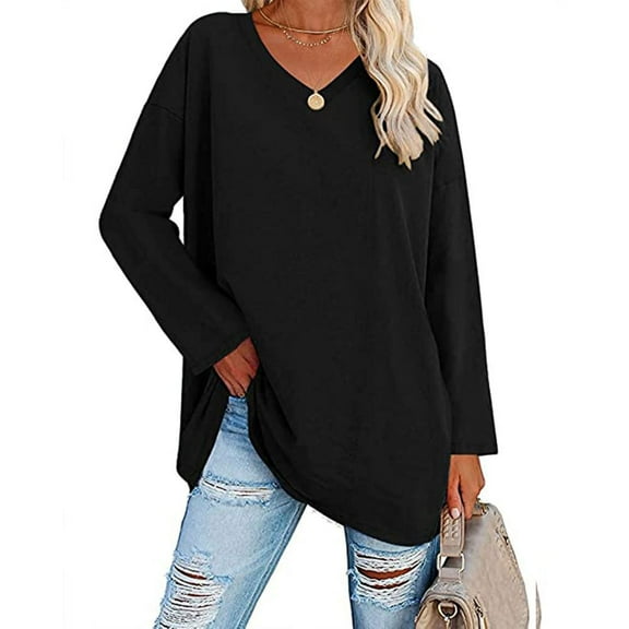 Rciityk Womens Long Sleeve Tunic Tops Fall Outfits Casual V Neck Tee Sweatshirt Fashion Solid Color Pullover Oversized Blouse Black M