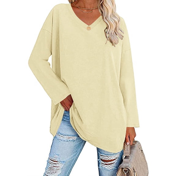 Rciityk Womens Long Sleeve Tunic Tops Fall Outfits Casual V Neck Tee Sweatshirt Fashion Solid Color Pullover Oversized Blouse Khaki M