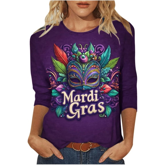 Rciityk Womens Tops Plus Size, Mardi Gras 3/4 Sleeve Shirts Casual Loose Round Neck Carnival Print Holiday Tshirts
