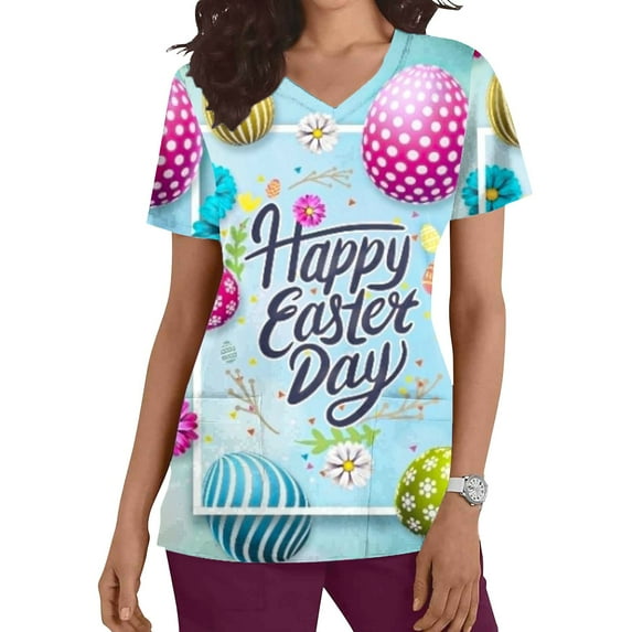Rciityk Womens Medicals Scrub Tops Easter Eggs Printed Nursing Uniform T Shirts Summer V Neck Short Sleeve Scrub Work Tops with Pockets