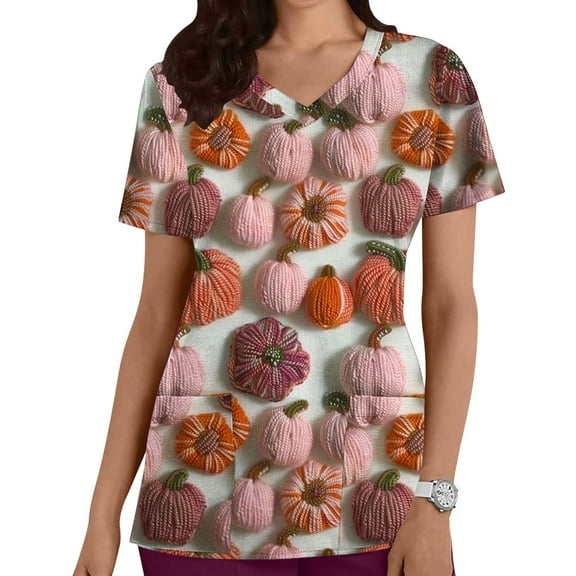 Rciityk Womens Nursing Scrub Tops Mother's Day Floral Printting Working Uniform Short Sleeve V Neck Workwear Blouse T-shirt with Pockets