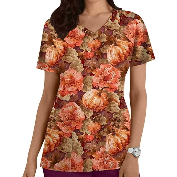 Rciityk Womens Nursing Scrub Tops Mother's Day Floral Printting Working Uniform Short Sleeve V Neck Workwear Blouse T-shirt with Pockets