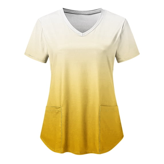 Rciityk Womens Scrub Nursing Professionals Uniforms Tops Summer Gradient V-Neck Short Sleeve Medicals Tops Casual Workwear with Pockets