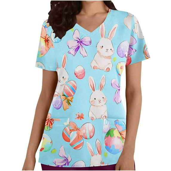 Rciityk Womens Scrub Tops Fashion Easter Bunny Rabbits Printed Nursing Uniform Stretch V-neck Short Sleeve Workwear Blouse with Pockets
