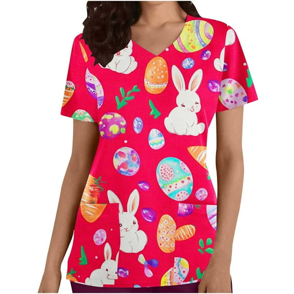 Rciityk Womens Scrub Tops Fashion Easter Bunny Rabbits Printed Nursing Uniform Stretch V-neck Short Sleeve Workwear Blouse with Pockets