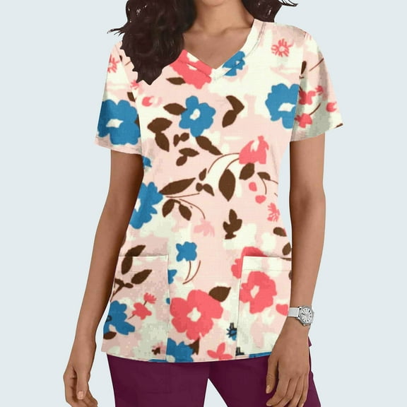 Rciityk Womens Scrub Tops Summer Causal Floral Printed Nursing Uniform Stretch V Neck Short Sleeve Workwear Blouse with Pockets Red L
