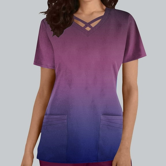 Rciityk Womens Scrub Tops Summer Causal Gradient Print Nursing Uniform Stretch V Neck Short Sleeve Workwear Blouse with Pockets Purple L