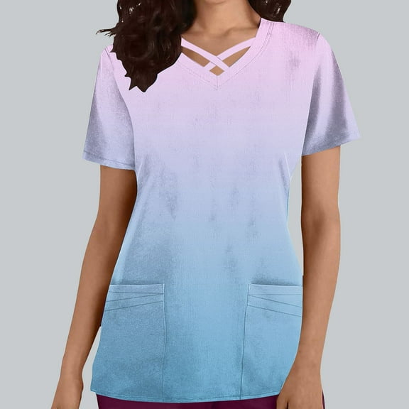 Rciityk Womens Scrub Tops Summer Causal Gradient Print Nursing Uniform Stretch V Neck Short Sleeve Workwear Blouse with Pockets Sky Blue L