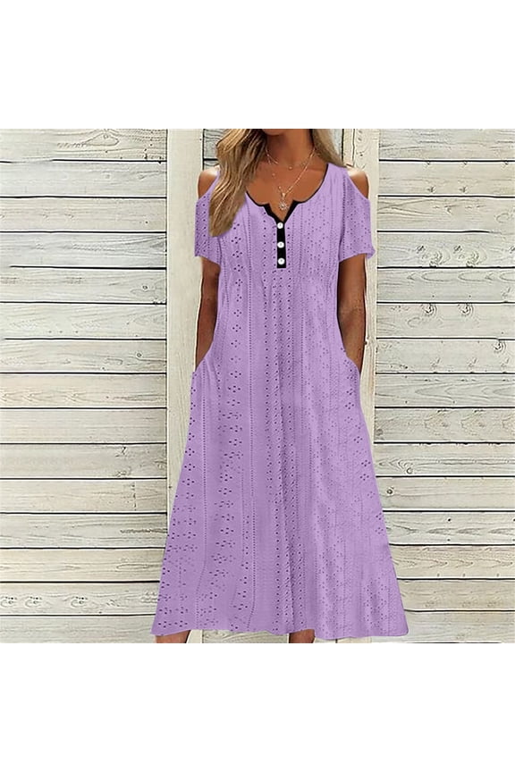 Womens Summer Dresses Midi Cold Shoulder Dress Casual Cold V Neck Button Short Sleeve Dress with Pockets