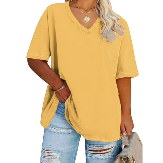 Rciityk Womens Summer Plus Size Tops Short Sleeve V Neck Solid Color T Shirts Casual Oversized Tees Tops