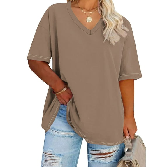 Rciityk Womens Summer Plus Size Tops Short Sleeve V Neck Solid Color T Shirts Casual Oversized Tees Tops - Summer Savings Clearance