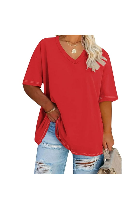 Womens Summer Plus Size Tops Short Sleeve V Neck Solid Color T Shirts Casual Oversized Tees Tops
