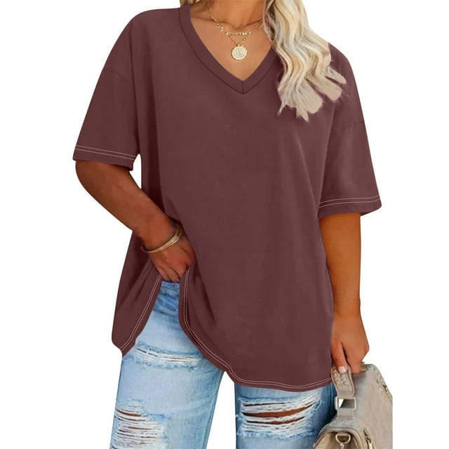 Rciityk Womens Summer Plus Size Tops Short Sleeve V Neck Solid Color T Shirts Casual Oversized Tees Tops - Summer Savings Clearance