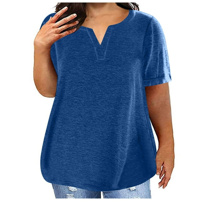 Rciityk Womens Summer Plus Size Tops Short Sleeve V Neck Solid Color T Shirts Casual Oversized Tees Tops - Summer Savings Clearance