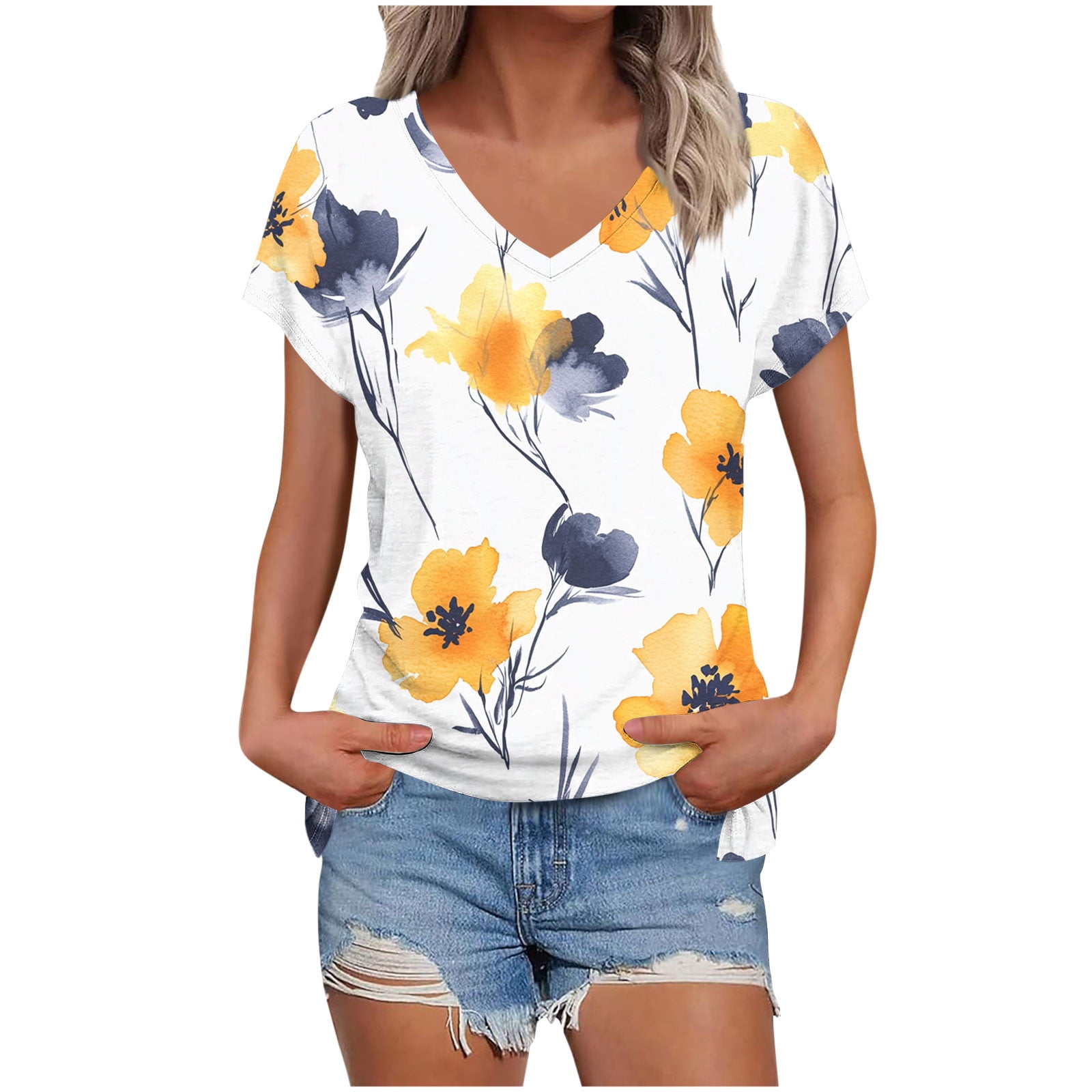 Rciityk Womens Summer Tops Casual Loose V Neck T Shirts Fashion Floral ...